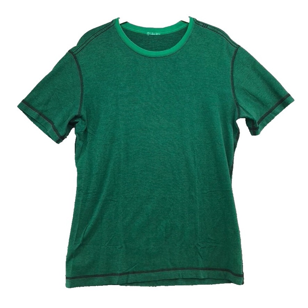 Lululemon Basic T Shirt Mens Medium Green Black Stripe Short Sleeve Comfort Gym